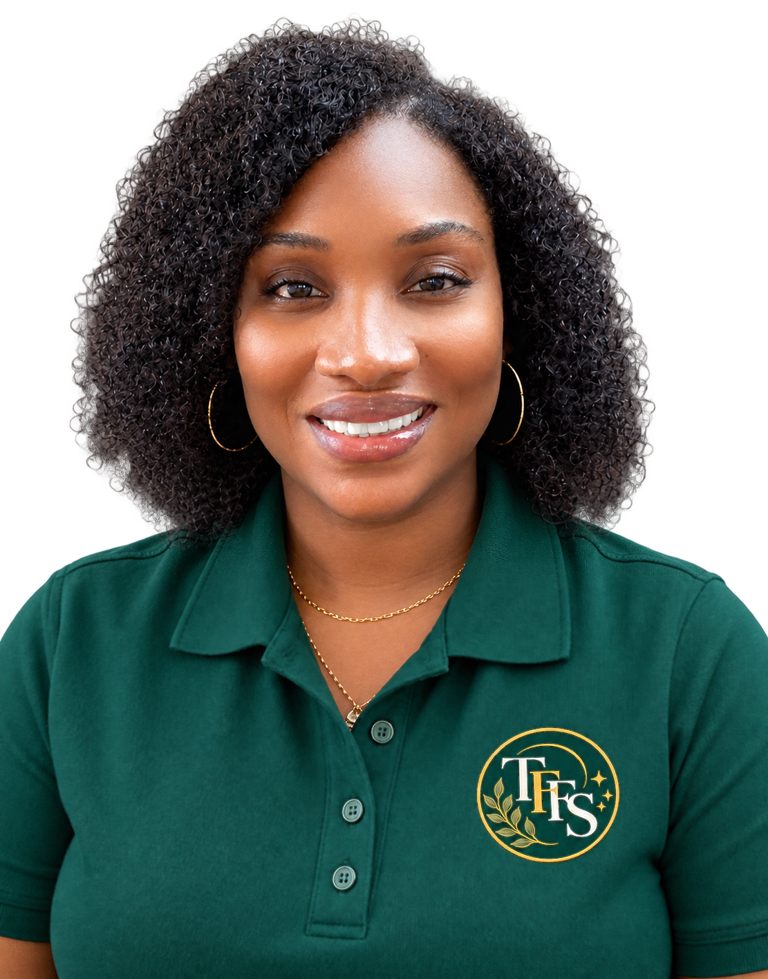 Kimberlee, founder of The Fresh Fold Society, wearing an emerald TFFS polo